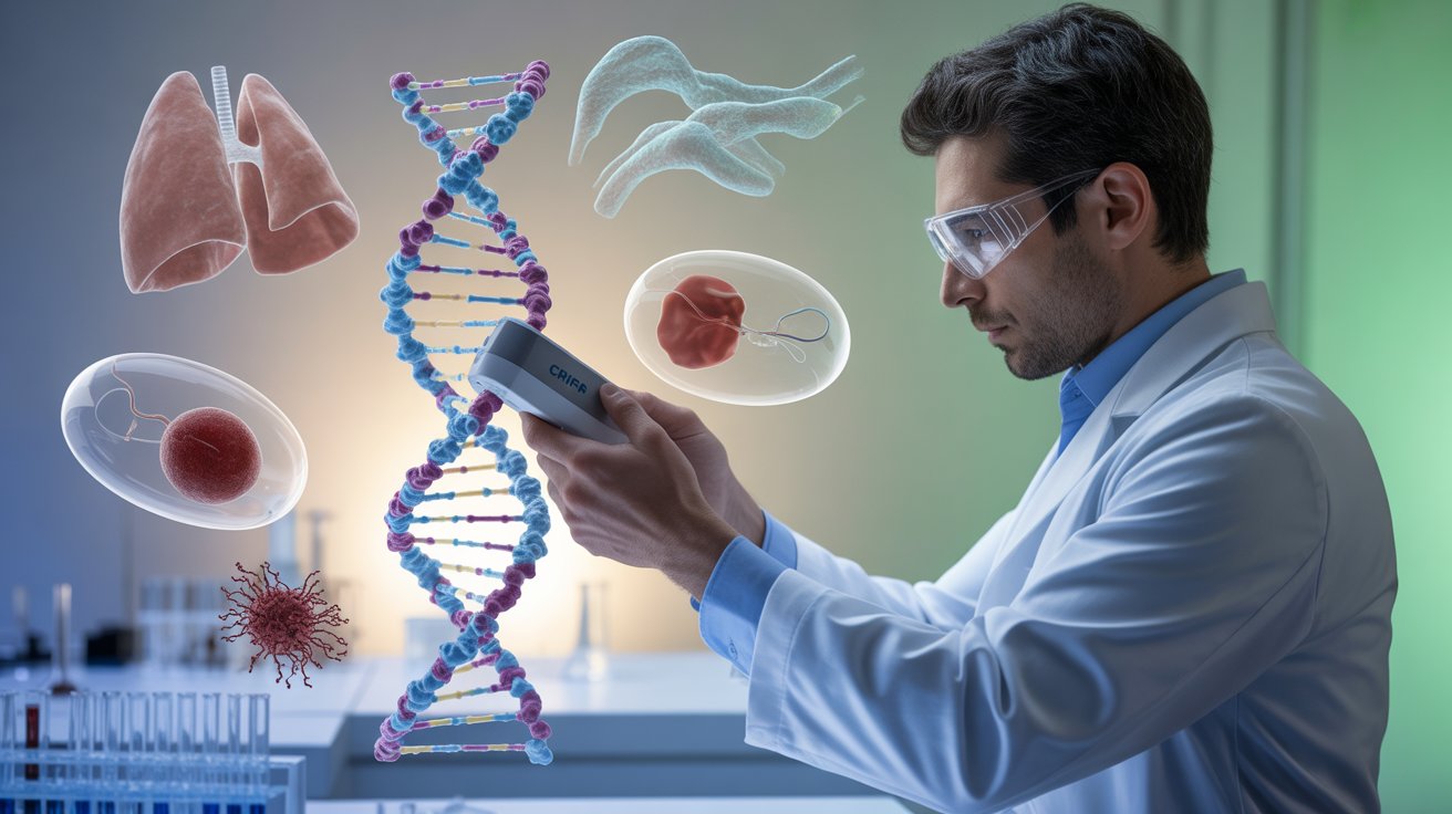 এটি একটি পুরুষ বিজ্ঞানী, CRISPR ডিভাইস দিয়ে DNA সম্পাদন, জেনেটিক রোগ এবং জেনেটিক ইঞ্জিনিয়ারিং এর আইকন সহ কাজ করছে।