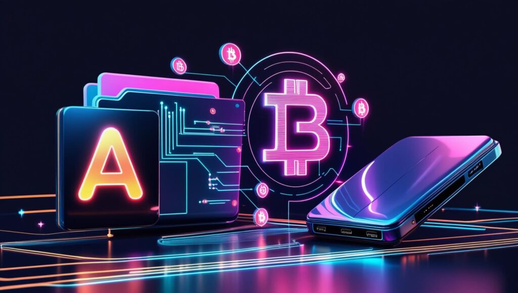Futuristic storage technologies illustration showing AI-integrated file management, blockchain-secured cloud, and ultra-thin SSD device.
