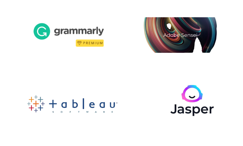 সেরা পেইড AI টুলস যেমন Grammarly Premium, Jasper.ai, Tableau এবং Adobe Sensei-এর লোগো এবং ইন্টারফেস – পেশাদার কাজ ও উন্নত কাস্টমাইজেশনের জন্য উপযোগী বাংলা গাইড