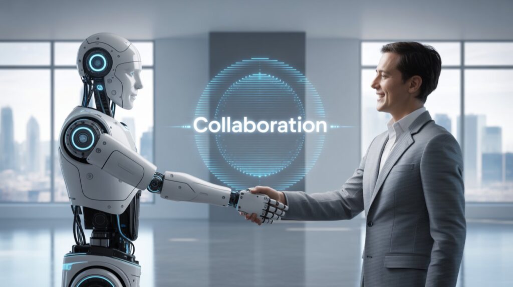 Human shaking hands with AI robot symbolizing collaboration