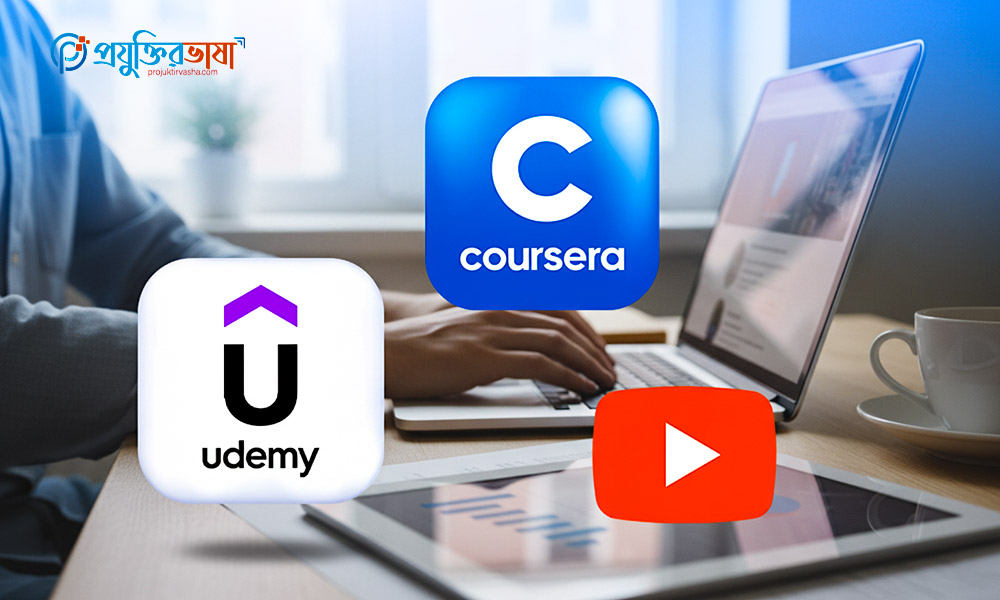 YouTube, Udemy এবং Coursera প্ল্যাটফর্মগুলোর তুলনামূলক চার্ট, তাদের সুবিধা ও শিক্ষার ধরন দেখানো হয়েছে