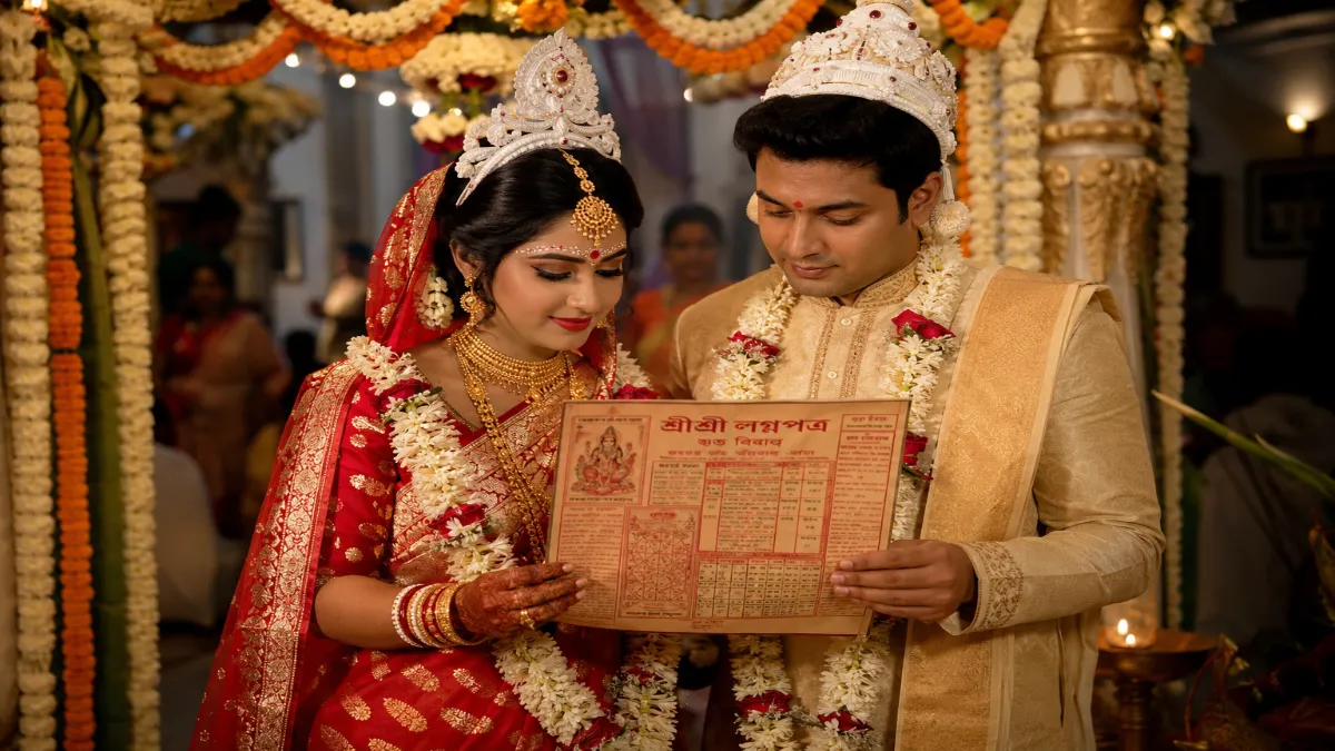 লাল বেনারসি শাড়ি পরা কনে ও বেইজ শেরওয়ানি পরা বর ঐতিহ্যবাহী বাঙালি হিন্দু বিয়ের লগ্নপত্র হাতে নিয়ে ছাদনাতলায় দাঁড়িয়ে আছেন।