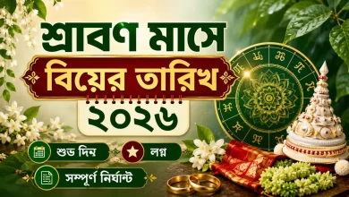 শ্রাবণ মাসে বিয়ের তারিখ ২০২৬ এর শুভ দিন, লগ্ন ও সম্পূর্ণ বিবাহ নির্ঘণ্ট বিষয়ক বাংলা ব্যানার